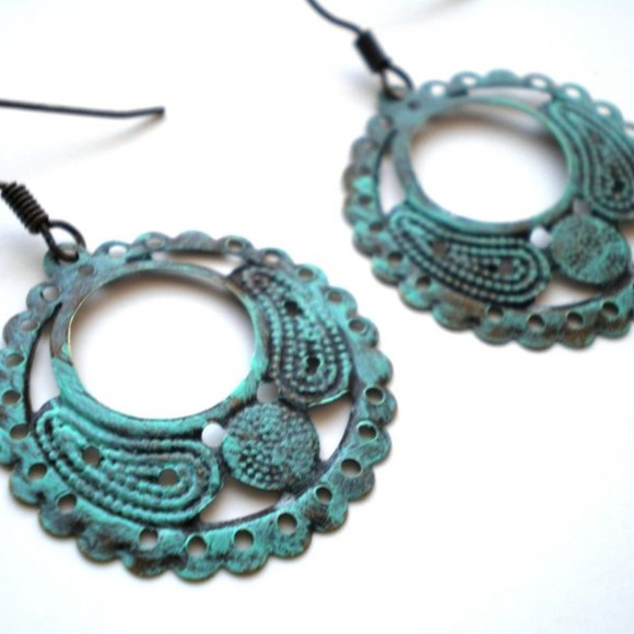 Verdigris Hand Painted Round Hoop Filigree Earring - Picture 3 of 3